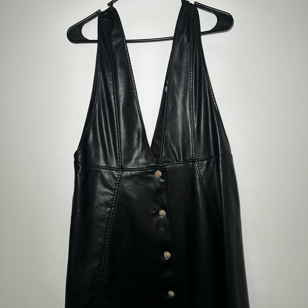 Zara Black Faux Leather Mini Dress | Deep V Neck Button Detail